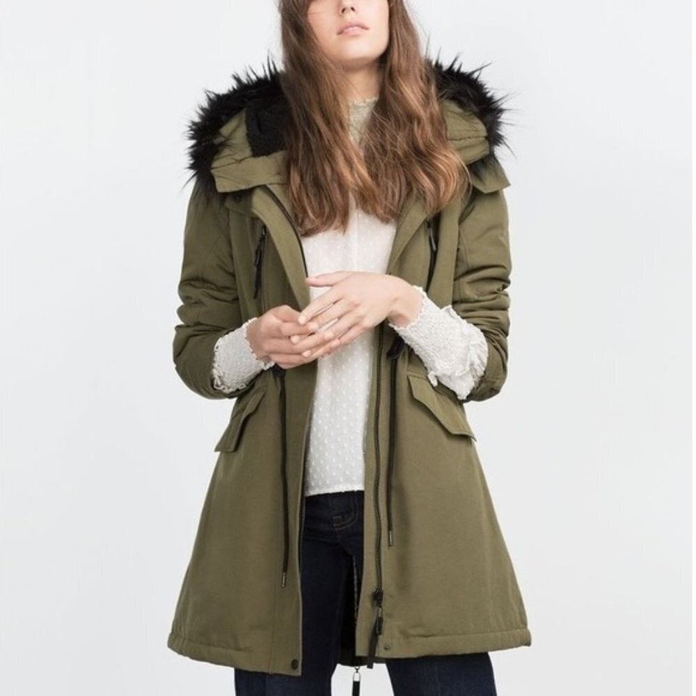 Zara Basic Parka Hooded Mid Length Detachable Faux Fur Coat Olive Women XS‎